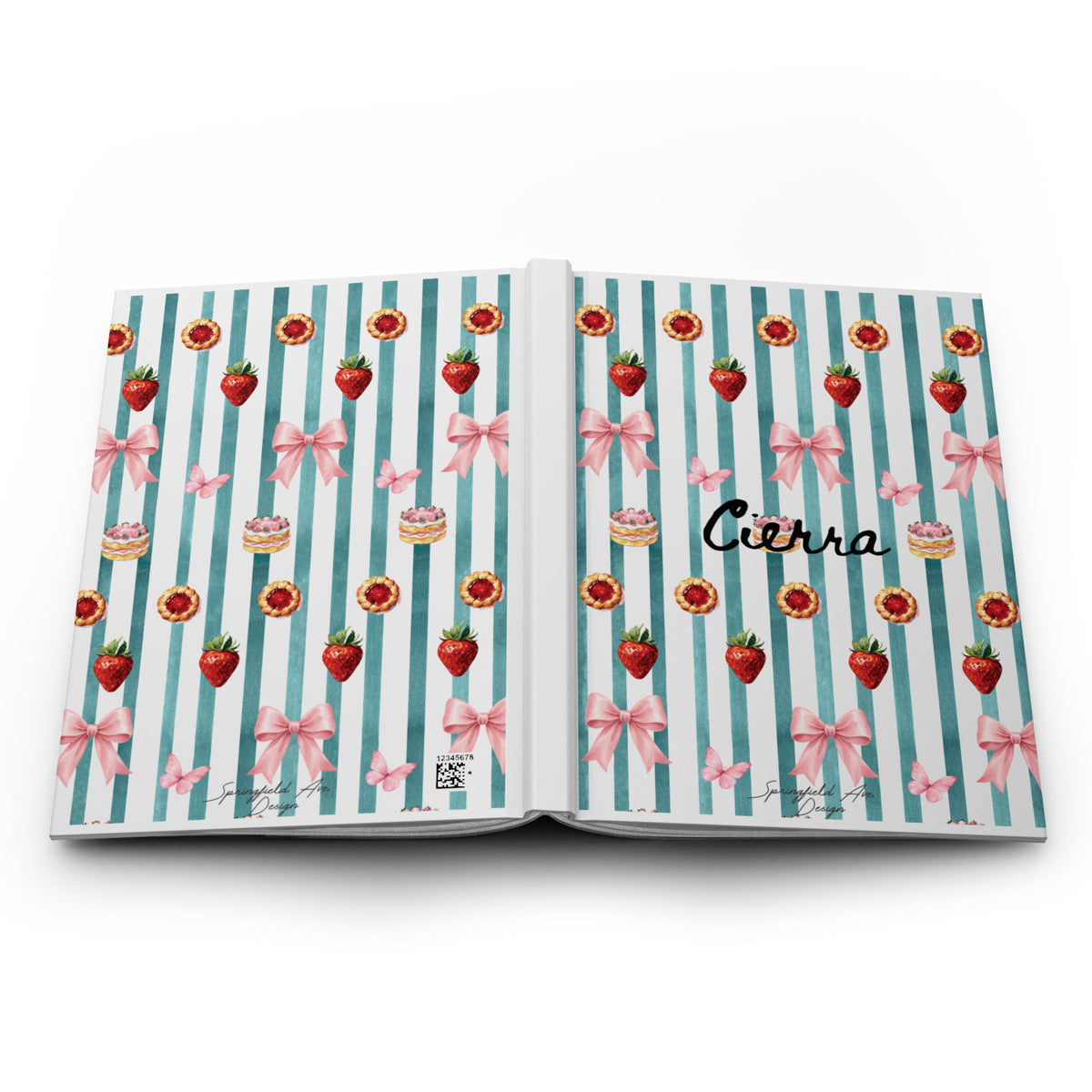 Striped Sweets Hardcover UNLINED sketchbook or Journal — Personalized name ,Cute Strawberry & Bow Notebook