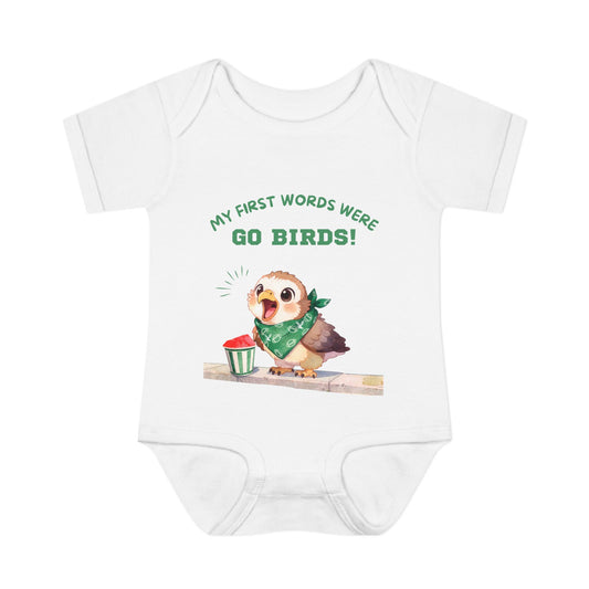 "My First Words Were Go Birds!" Cute Baby Bird Fan Onesie, Infant Bodysuit