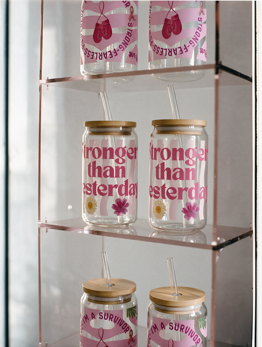 Stronger Than Yesterday Glass Tumbler, Breast Cancer Awareness Cup with Lid & Straw, 16oz Pink Ribbon Iced Coffee Glass