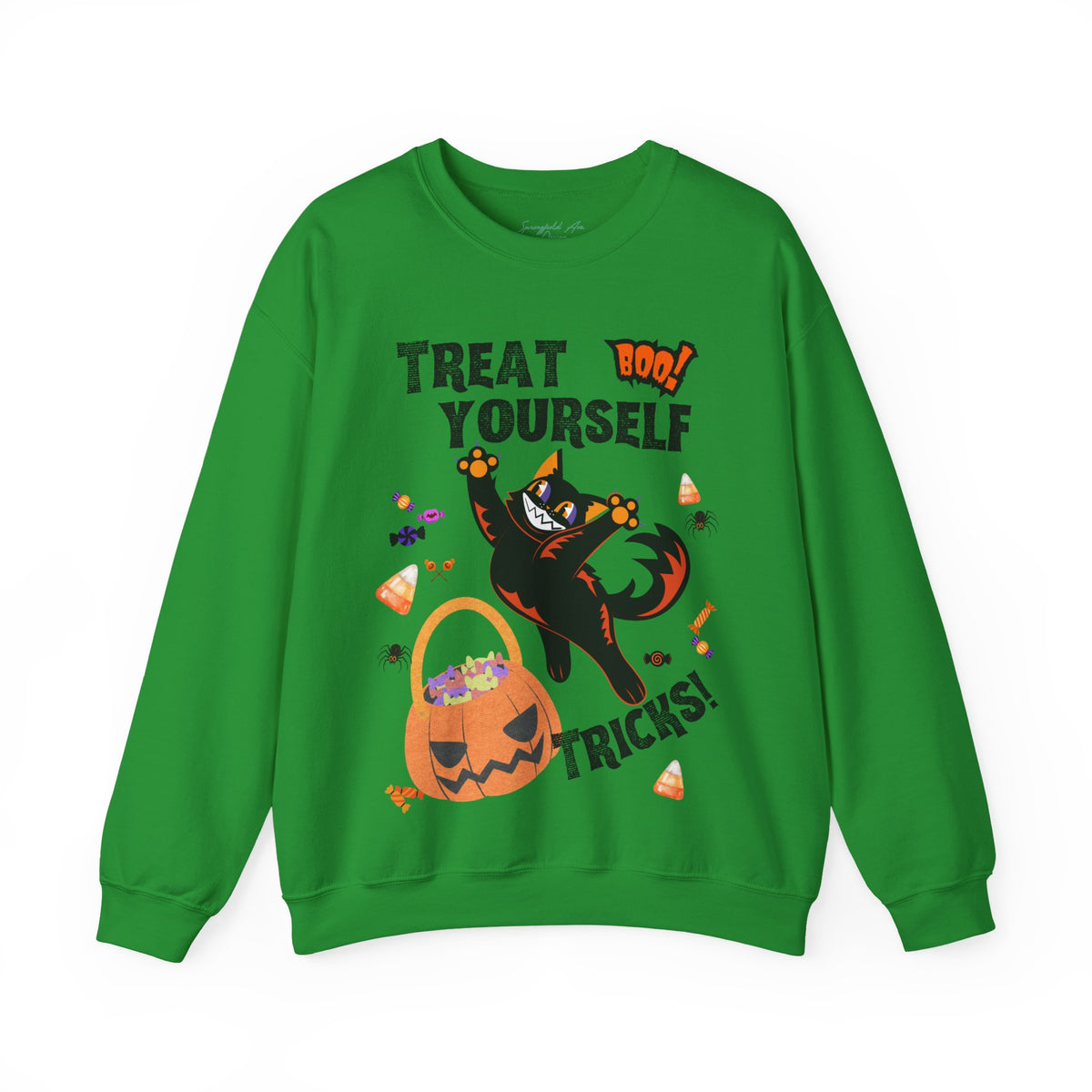 "Treat Yourself, Tricks!" Unisex Black Cat & Candy Pumpkin Halloween Sweatshirt — Crewneck