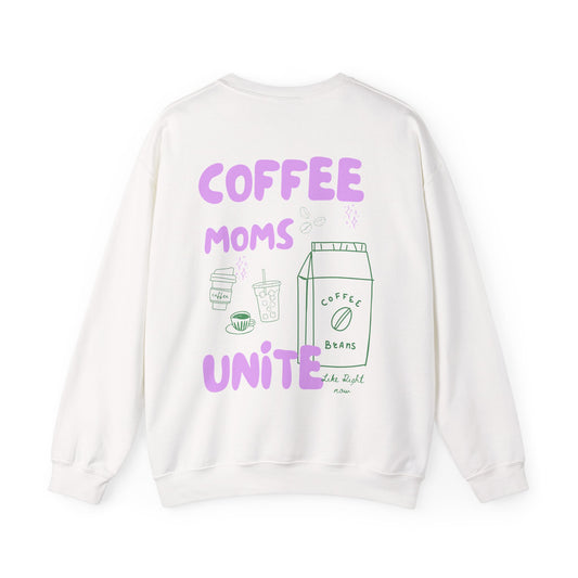 Coffee Moms Unite Sweatshirt — 'Coffee Mom Club' Cozy Crewneck for Moms powder purple letters