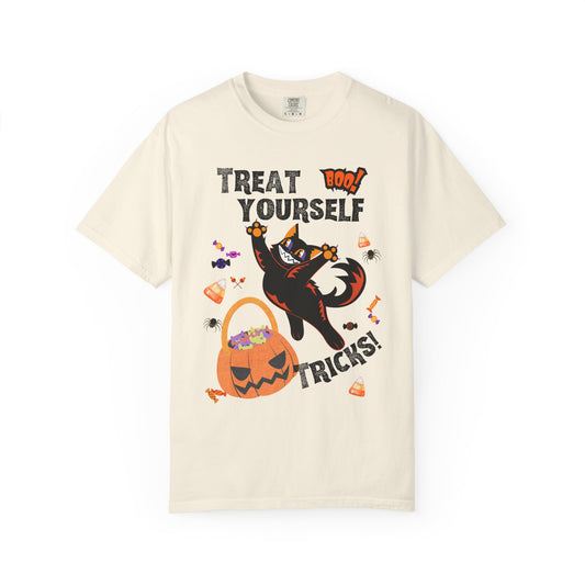 "Treat Yourself Tricks" unisex Halloween T-Shirt — Black Cat & Candy Pumpkin Tee