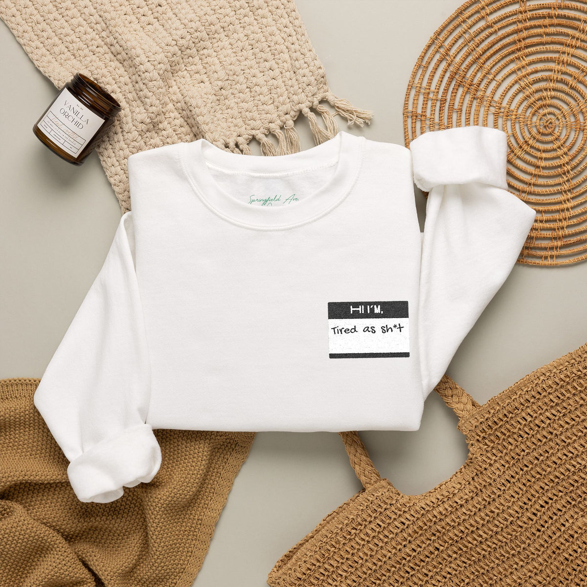 Minimalist name tag , tired Crewneck Sweatshirt