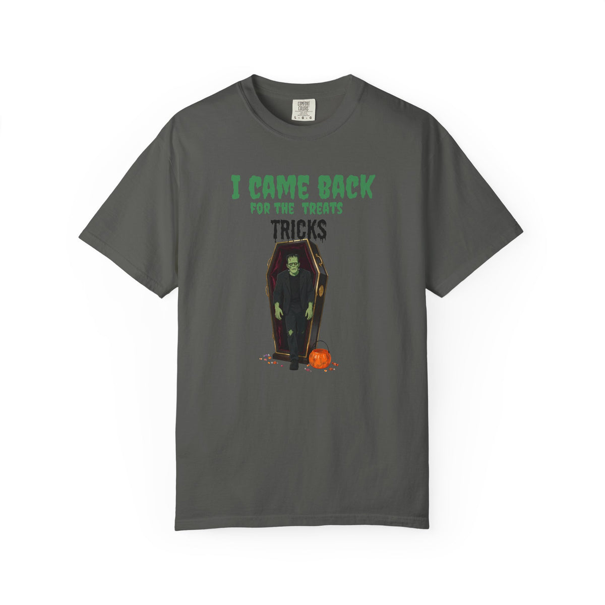 “I Came Back for the Treats, Tricks” Coffin & Pumpkin Graphic, Halloween T-Shirt