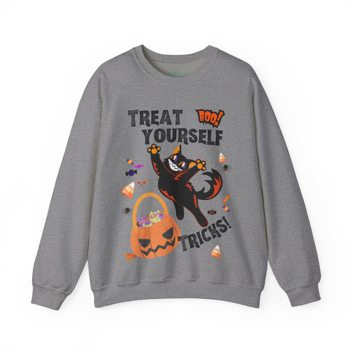 "Treat Yourself, Tricks!" Unisex Black Cat & Candy Pumpkin Halloween Sweatshirt — Crewneck