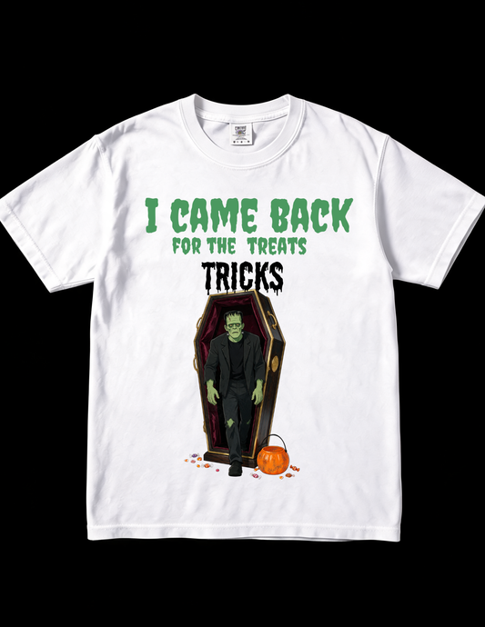 “I Came Back for the Treats, Tricks” Coffin & Pumpkin Graphic, Halloween T-Shirt