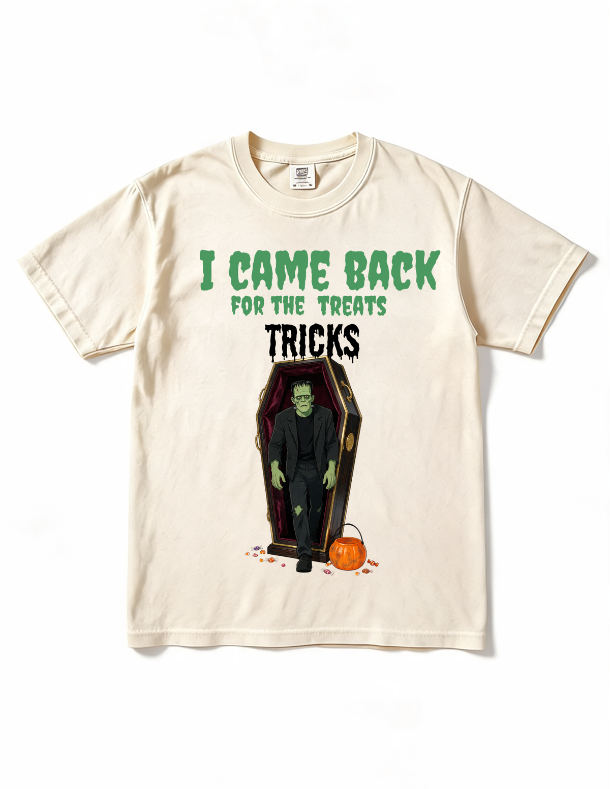 “I Came Back for the Treats, Tricks” Coffin & Pumpkin Graphic, Halloween T-Shirt