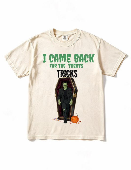 “I Came Back for the Treats, Tricks” Coffin & Pumpkin Graphic, Halloween T-Shirt