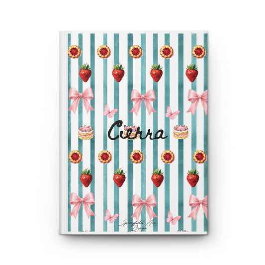 Striped Sweets Hardcover UNLINED sketchbook or Journal — Personalized name ,Cute Strawberry & Bow Notebook