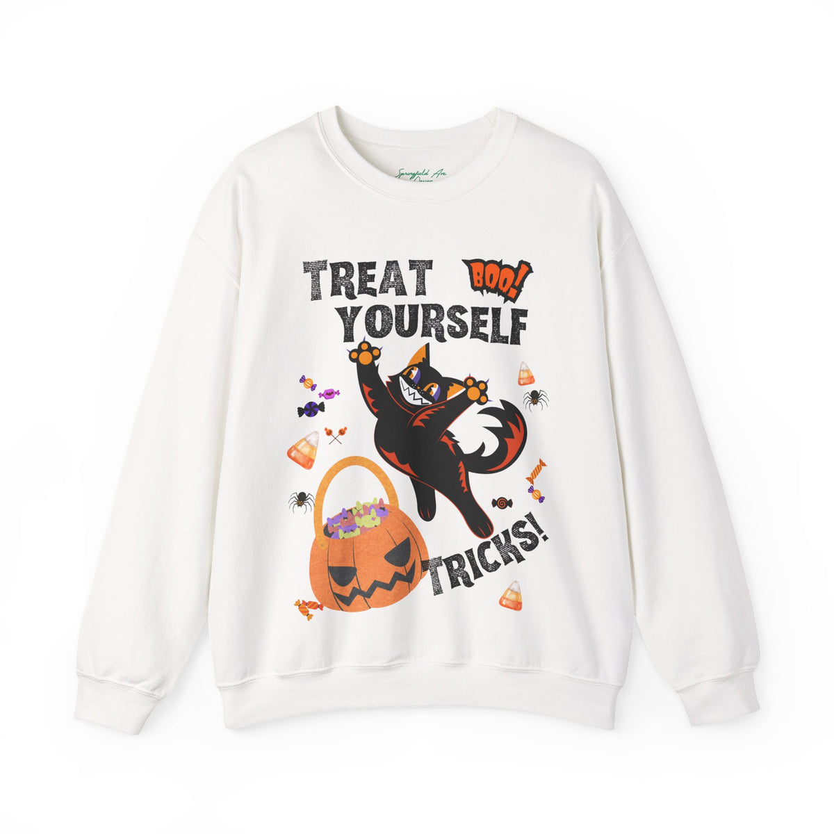 "Treat Yourself, Tricks!" Unisex Black Cat & Candy Pumpkin Halloween Sweatshirt — Crewneck