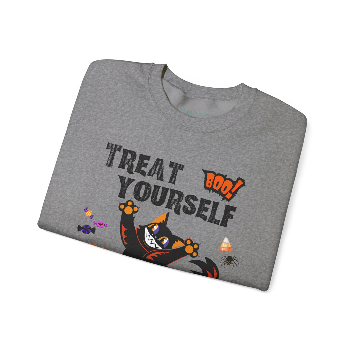 "Treat Yourself, Tricks!" Unisex Black Cat & Candy Pumpkin Halloween Sweatshirt — Crewneck