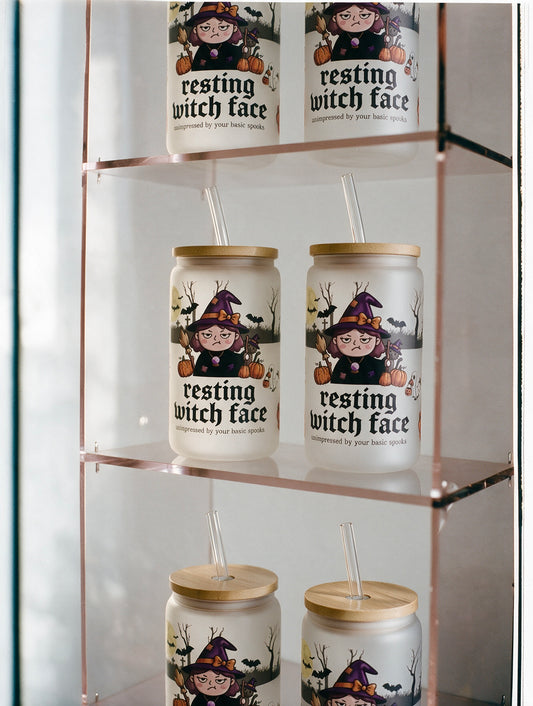 Resting Witch Face Halloween Glass Tumbler 16oz