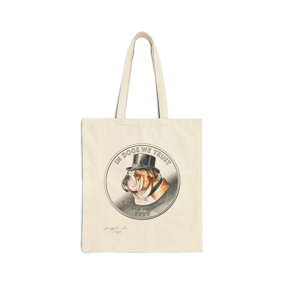 “In Dogs We Trust” lucky coin Canvas Tote Bag — Vintage English Bulldog