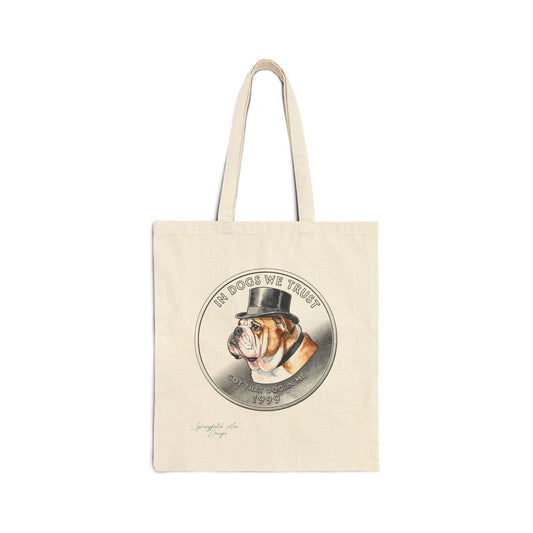 “In Dogs We Trust” lucky coin Canvas Tote Bag — Vintage English Bulldog