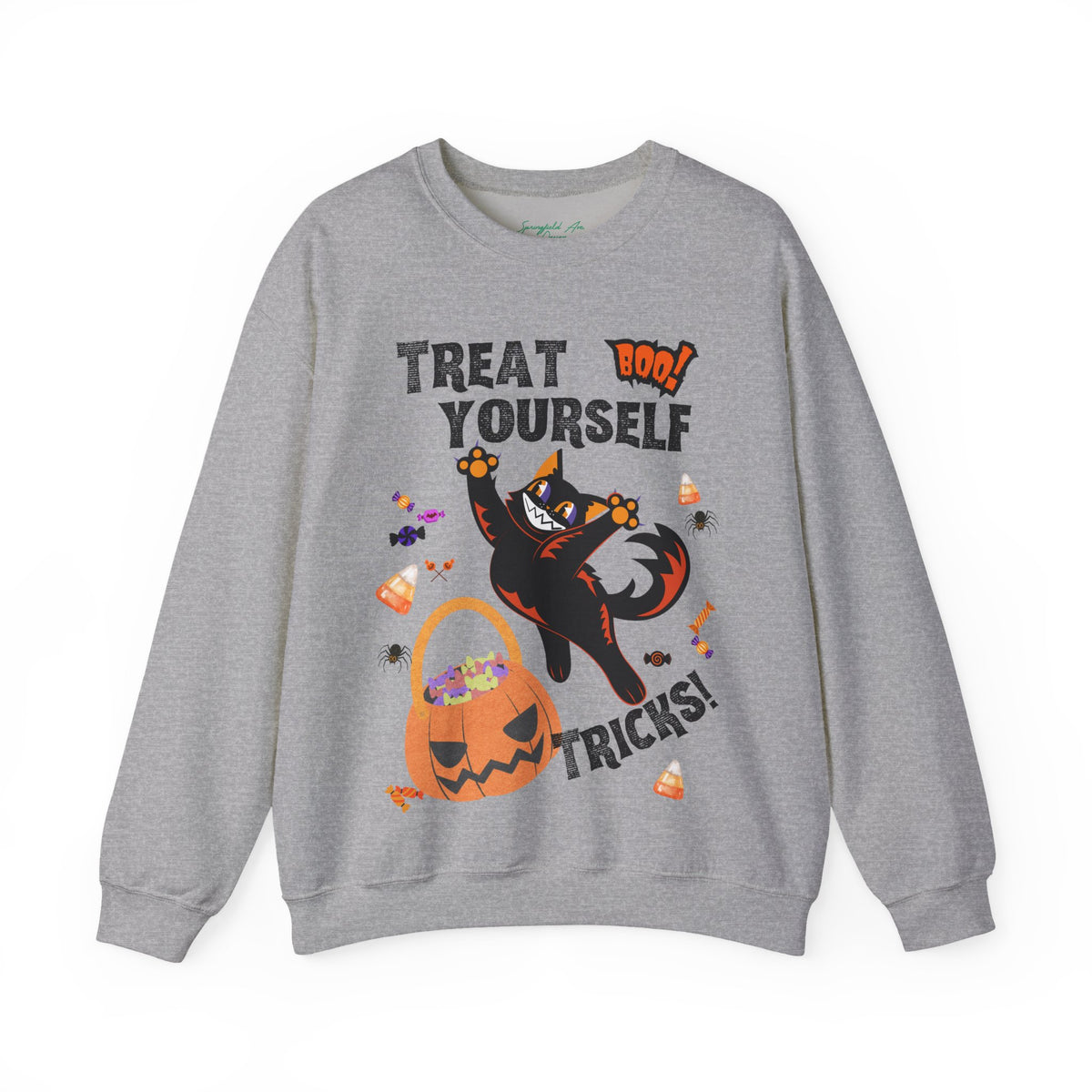 "Treat Yourself, Tricks!" Unisex Black Cat & Candy Pumpkin Halloween Sweatshirt — Crewneck