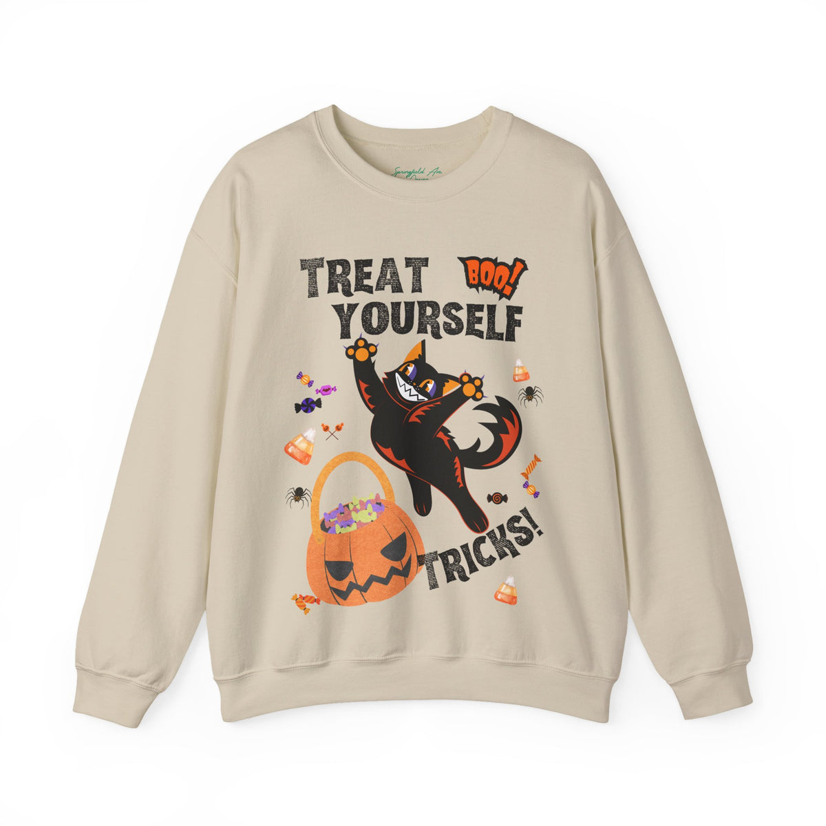 "Treat Yourself, Tricks!" Unisex Black Cat & Candy Pumpkin Halloween Sweatshirt — Crewneck