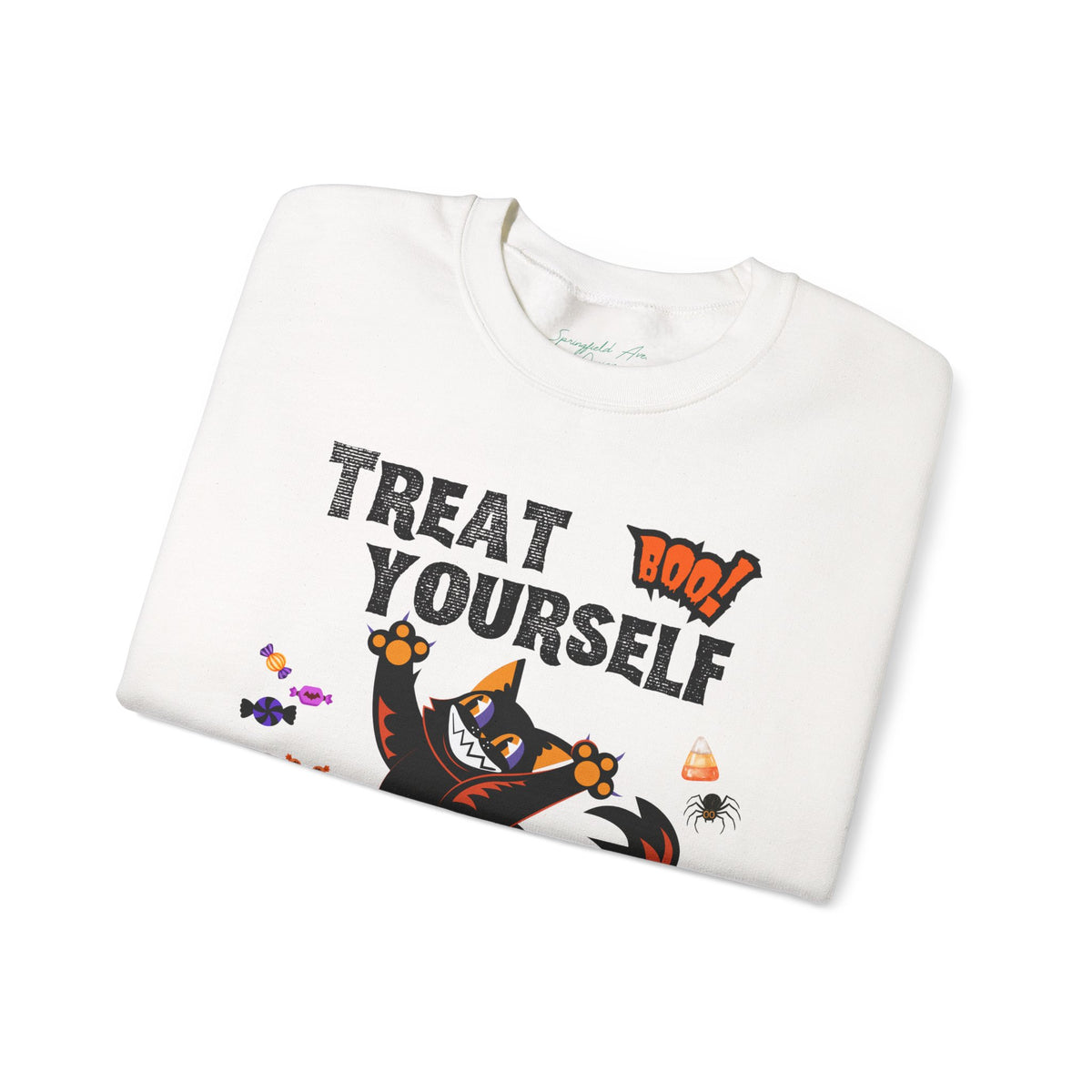 "Treat Yourself, Tricks!" Unisex Black Cat & Candy Pumpkin Halloween Sweatshirt — Crewneck