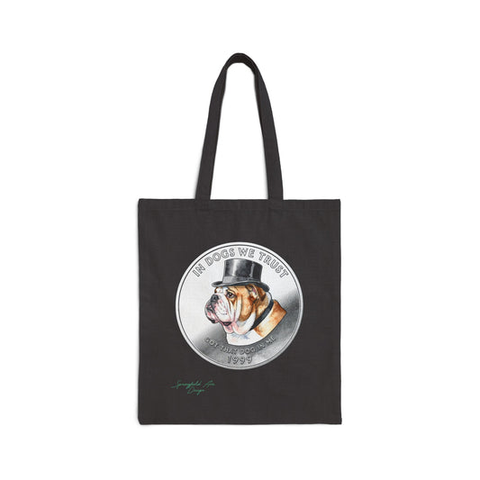 “In Dogs We Trust” lucky coin Canvas Tote Bag — Vintage English Bulldog