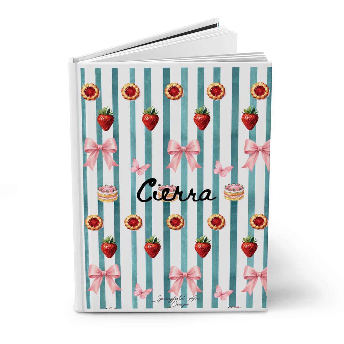 Striped Sweets Hardcover UNLINED sketchbook or Journal — Personalized name ,Cute Strawberry & Bow Notebook