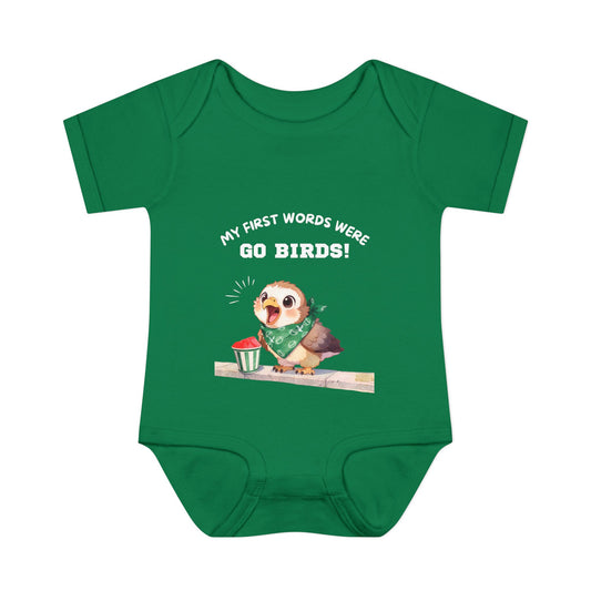 "My First Words Were Go Birds!" Cute Baby Bird Fan Onesie, Infant Bodysuit