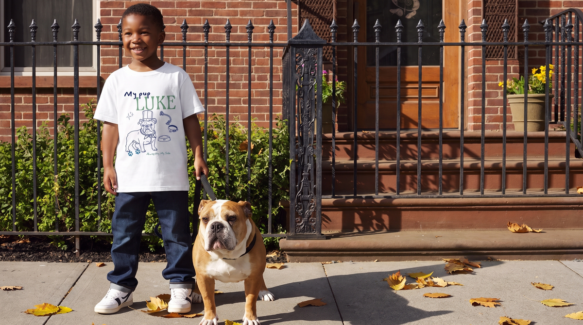 English Bulldog “My pup Luke” Cute Personalized Puppy Graphic T-Shirt for big kids