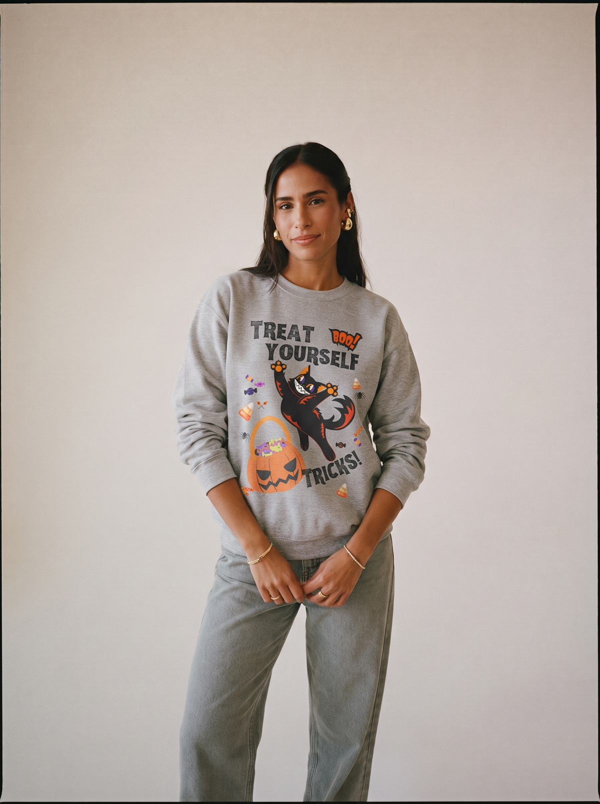 "Treat Yourself, Tricks!" Unisex Black Cat & Candy Pumpkin Halloween Sweatshirt — Crewneck