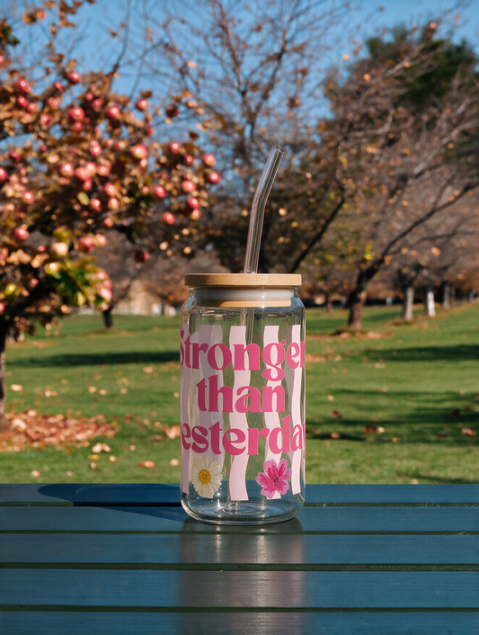 Stronger Than Yesterday Glass Tumbler, Breast Cancer Awareness Cup with Lid & Straw, 16oz Pink Ribbon Iced Coffee Glass