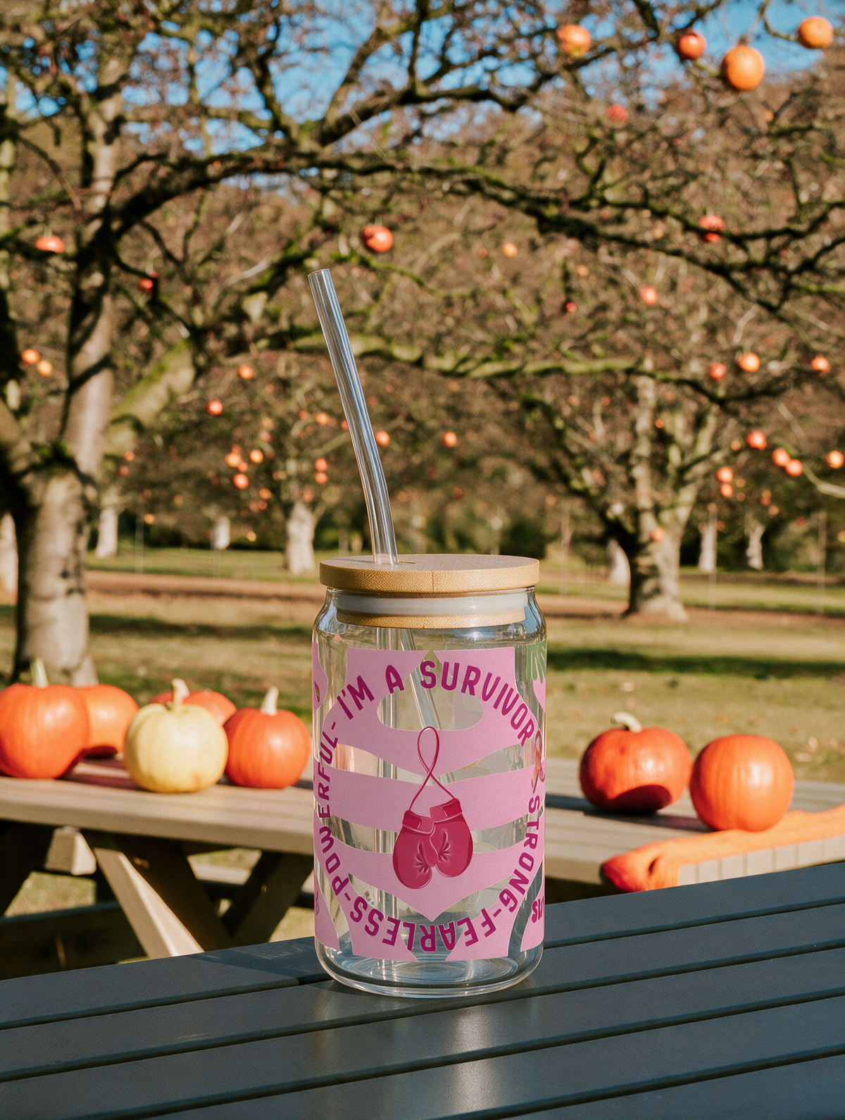 Im a survivor Glass Tumbler, Breast Cancer Awareness Cup with Lid & Straw, 16oz Pink Ribbon Iced Coffee Glass