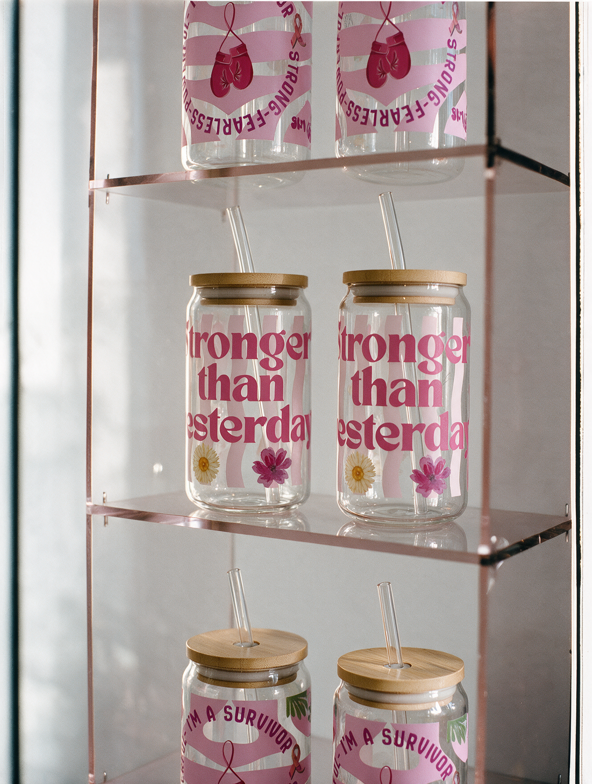 Stronger Than Yesterday Glass Tumbler, Breast Cancer Awareness Cup with Lid & Straw, 16oz Pink Ribbon Iced Coffee Glass