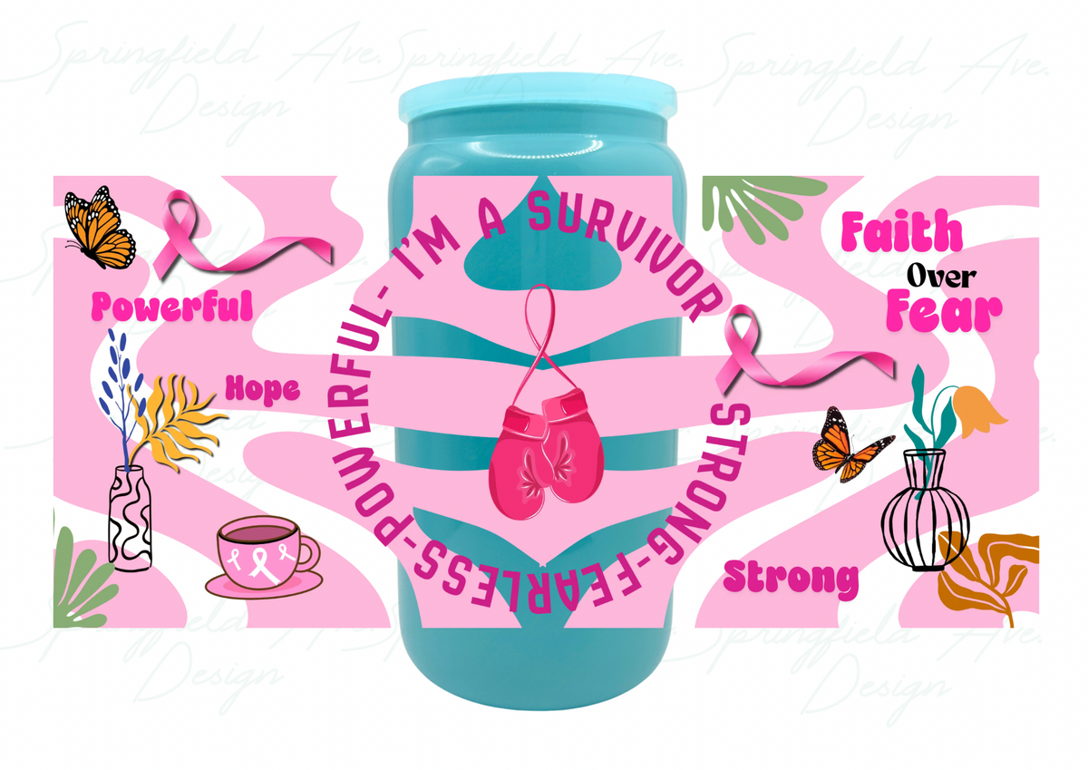 Im a survivor Glass Tumbler, Breast Cancer Awareness Cup with Lid & Straw, 16oz Pink Ribbon Iced Coffee Glass