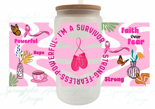 Im a survivor Glass Tumbler, Breast Cancer Awareness Cup with Lid & Straw, 16oz Pink Ribbon Iced Coffee Glass