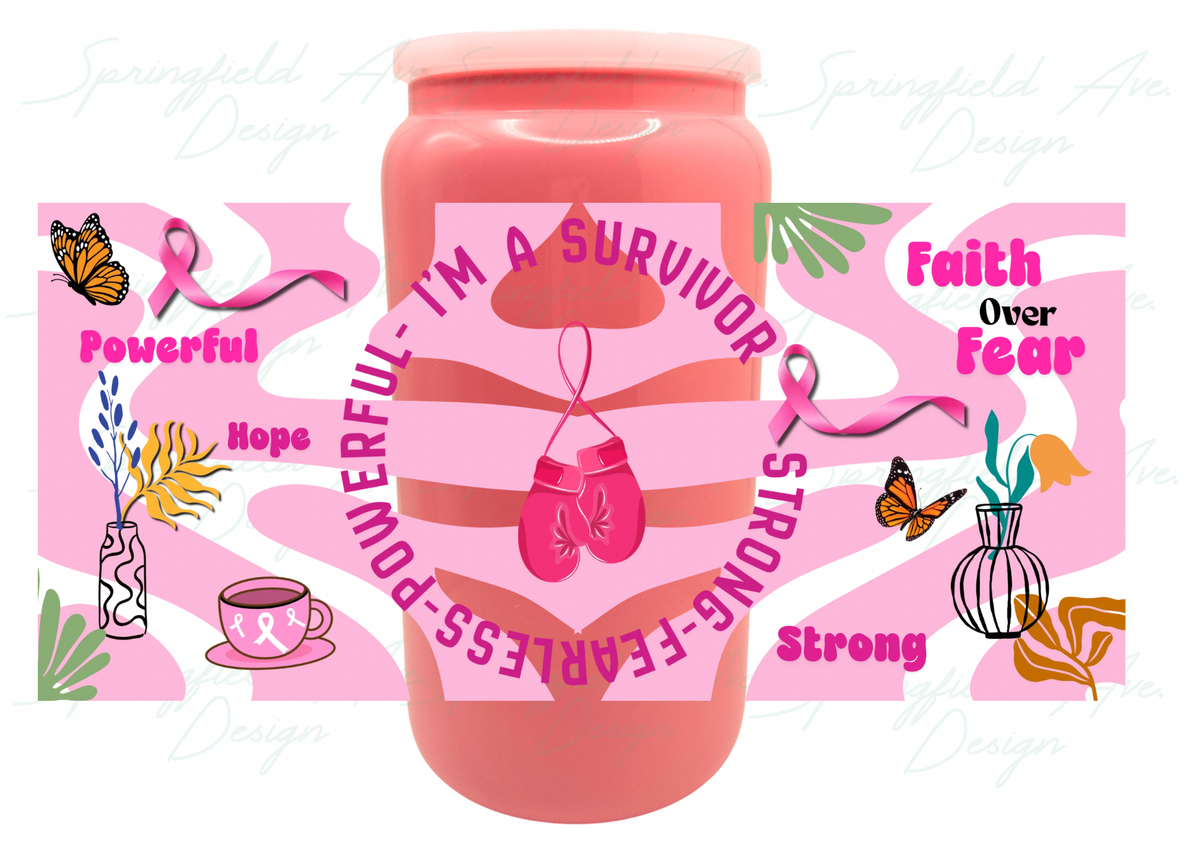 Im a survivor Glass Tumbler, Breast Cancer Awareness Cup with Lid & Straw, 16oz Pink Ribbon Iced Coffee Glass