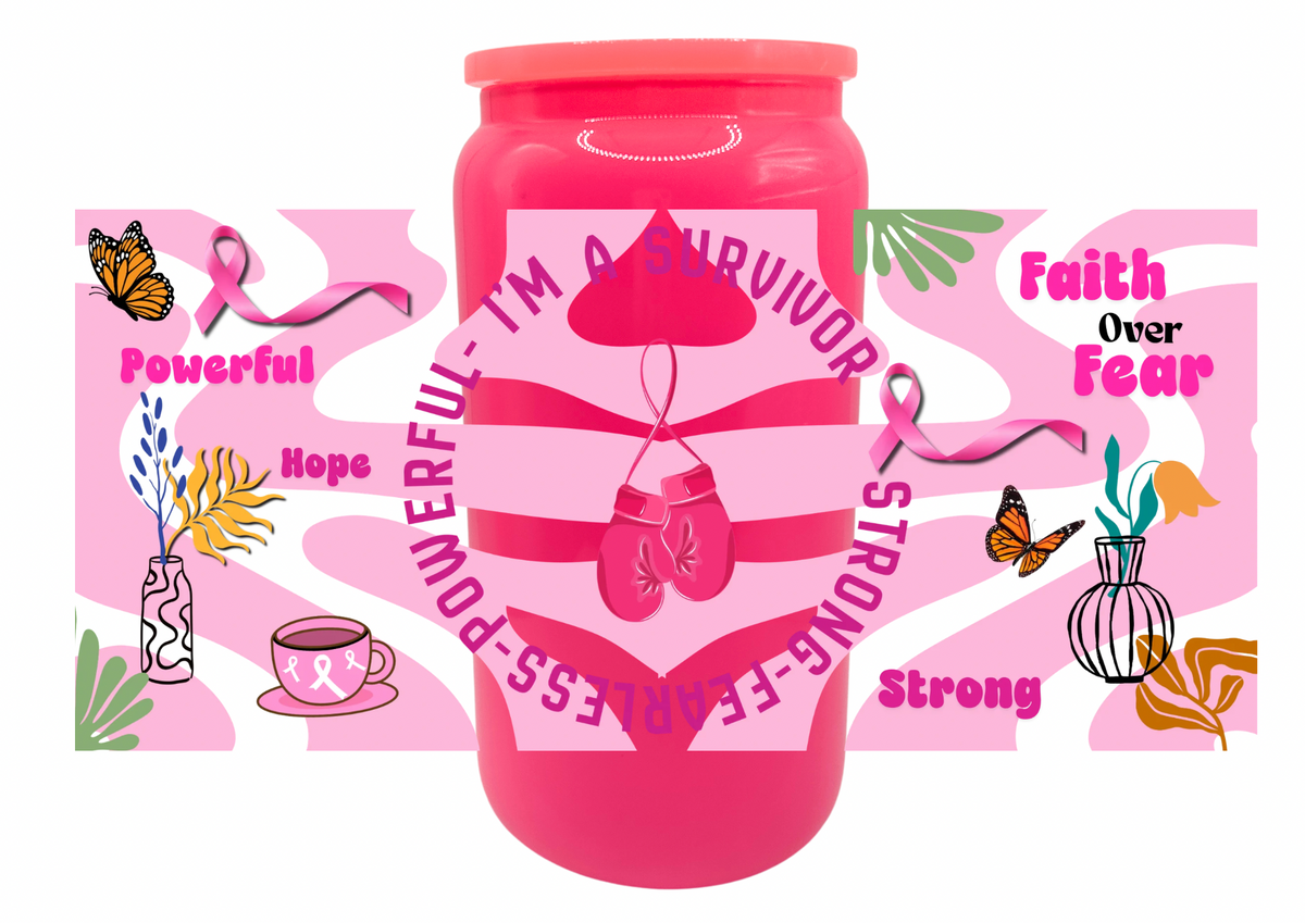 Im a survivor Glass Tumbler, Breast Cancer Awareness Cup with Lid & Straw, 16oz Pink Ribbon Iced Coffee Glass