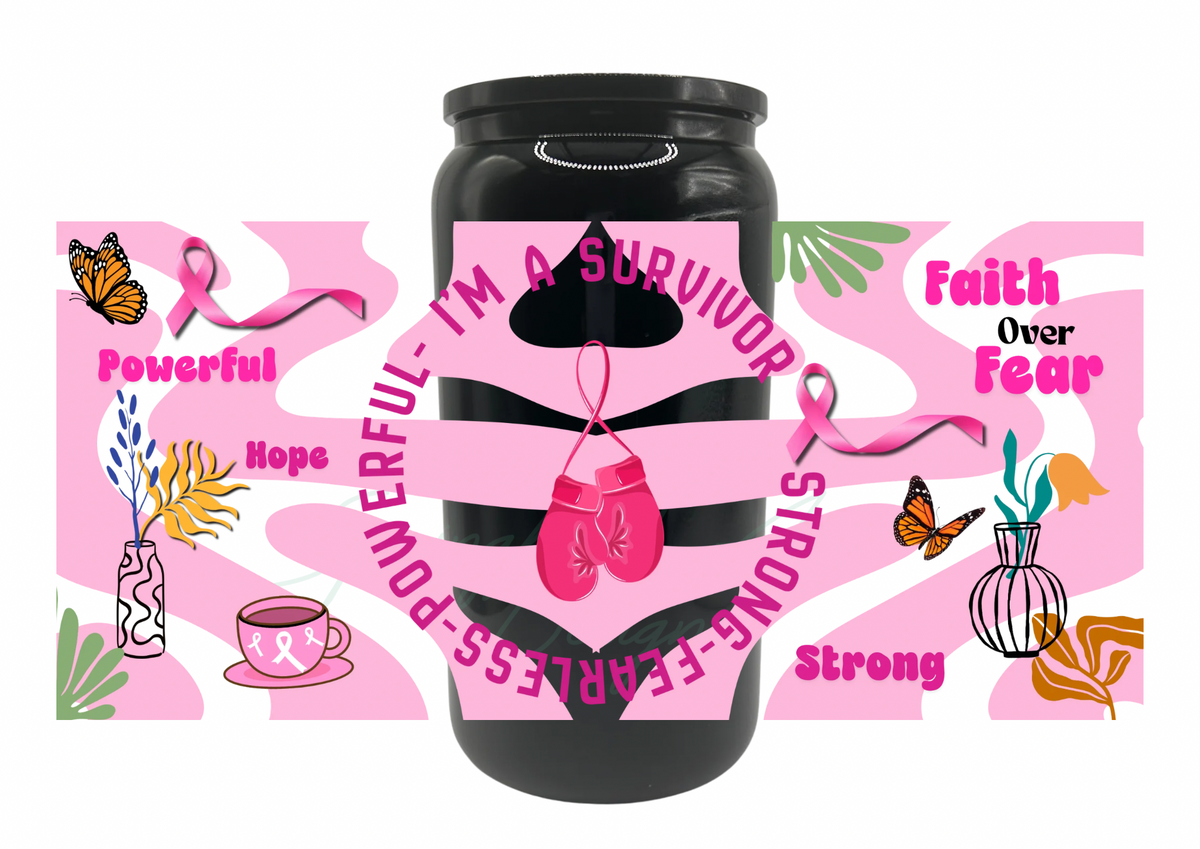 Im a survivor Glass Tumbler, Breast Cancer Awareness Cup with Lid & Straw, 16oz Pink Ribbon Iced Coffee Glass