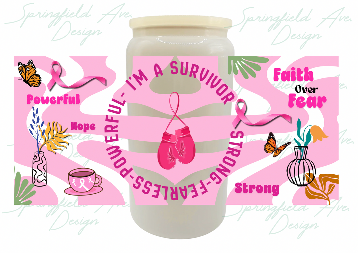Im a survivor Glass Tumbler, Breast Cancer Awareness Cup with Lid & Straw, 16oz Pink Ribbon Iced Coffee Glass
